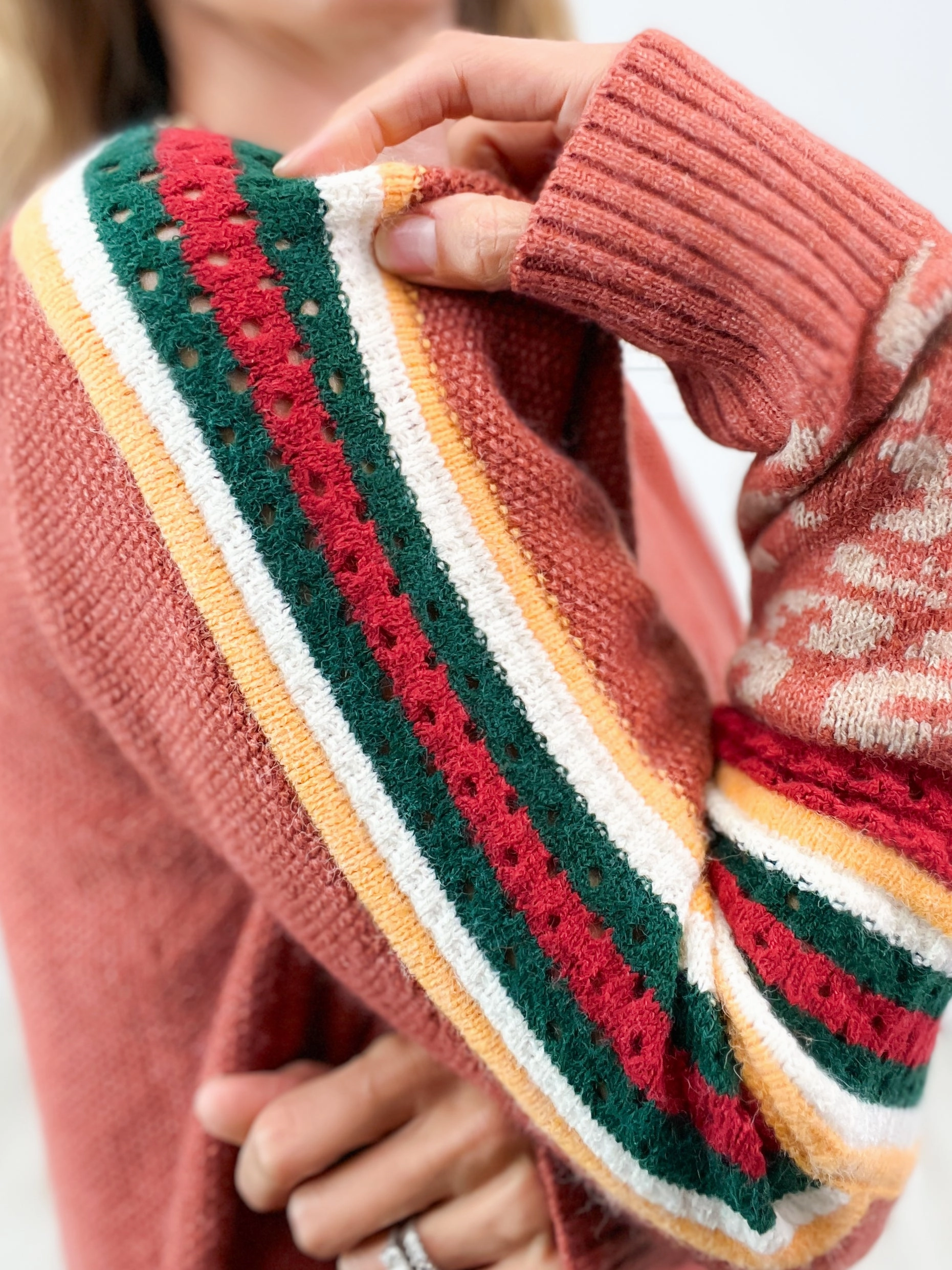 Multi Color Stripe Leopard Cuffs Sweater Top