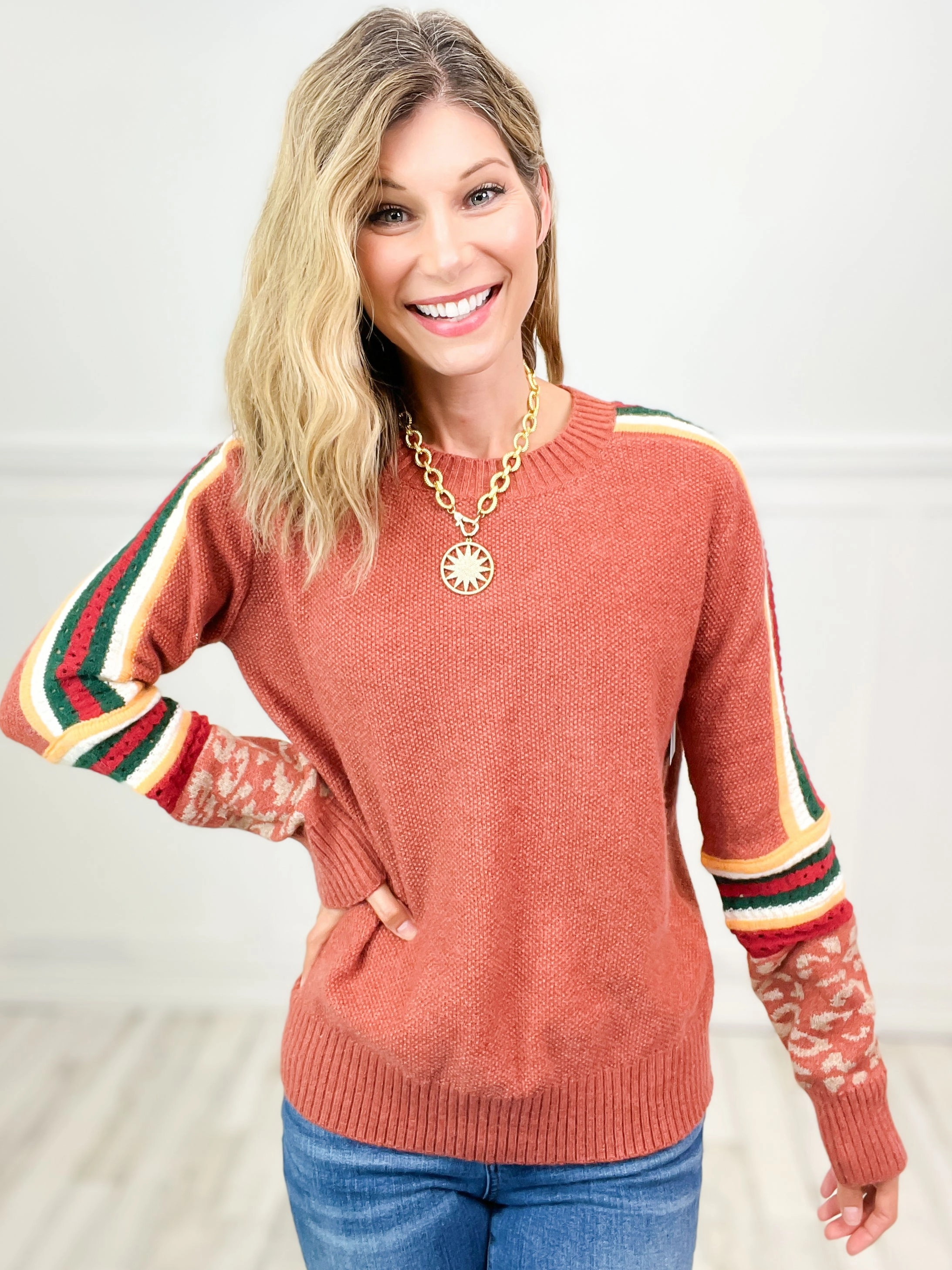 Multi Color Stripe Leopard Cuffs Sweater Top