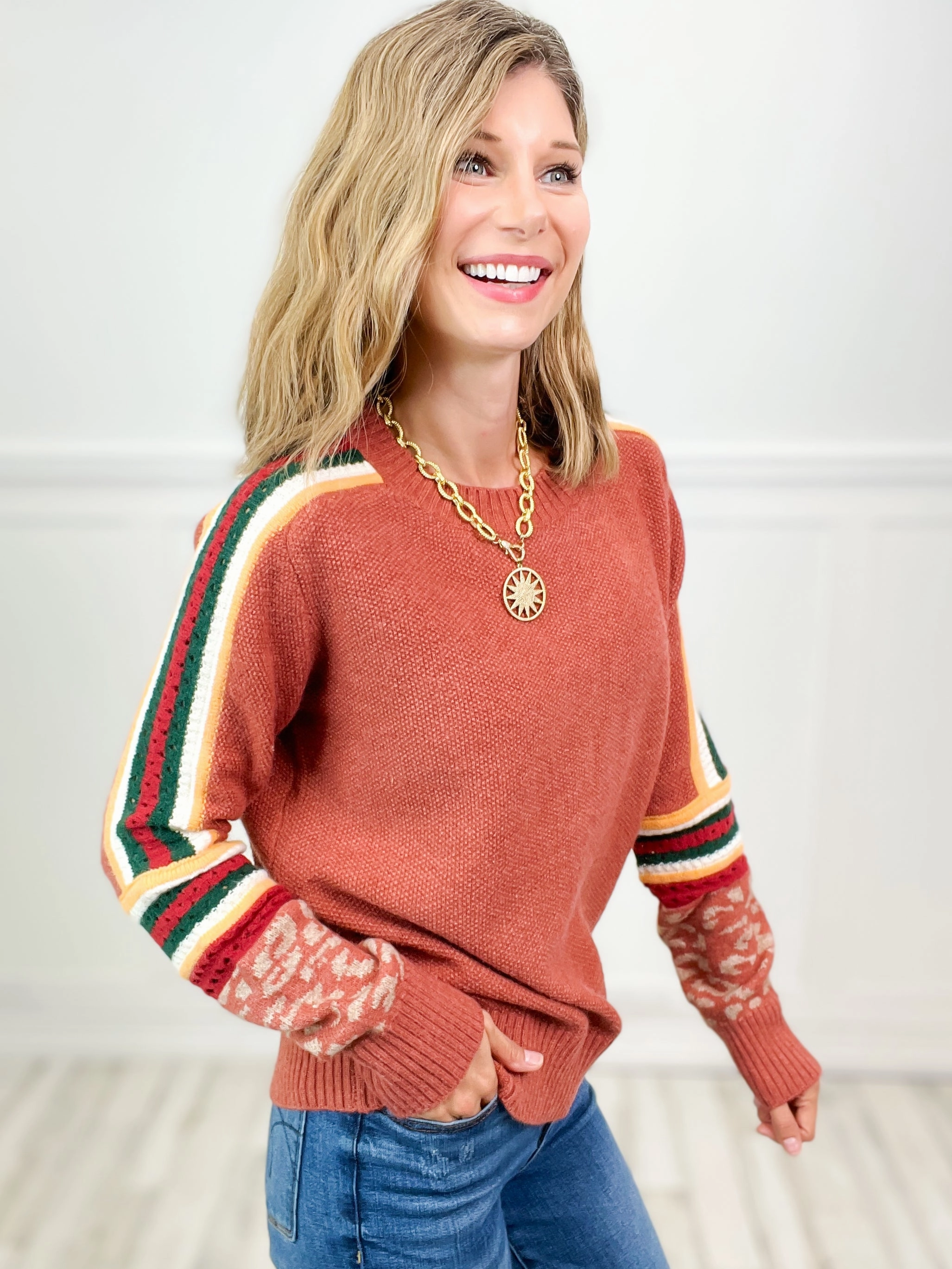 Multi Color Stripe Leopard Cuffs Sweater Top
