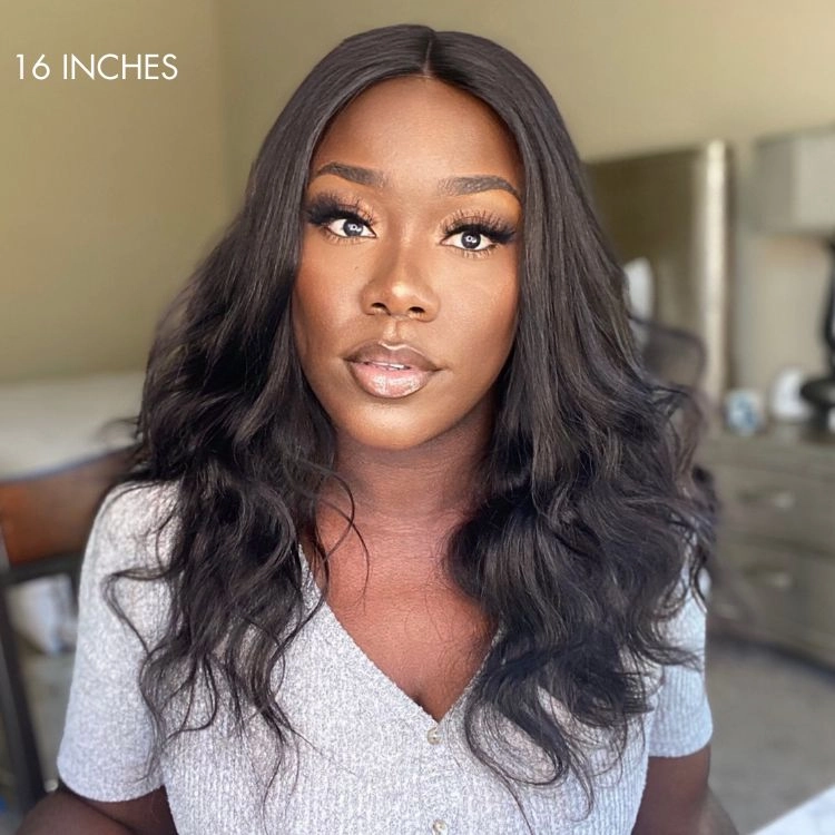 Super Easy Natural Black Body Wave 4x4 Closure Lace Glueless Mid Part Long Wig 100% Human Hair  - US Only