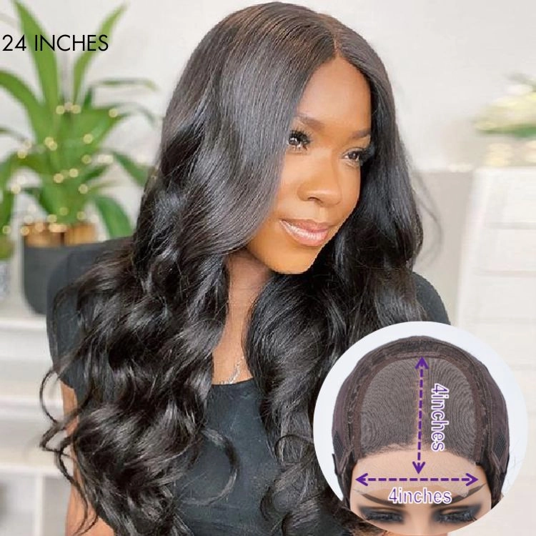 Super Easy Natural Black Body Wave 4x4 Closure Lace Glueless Mid Part Long Wig 100% Human Hair  - US Only