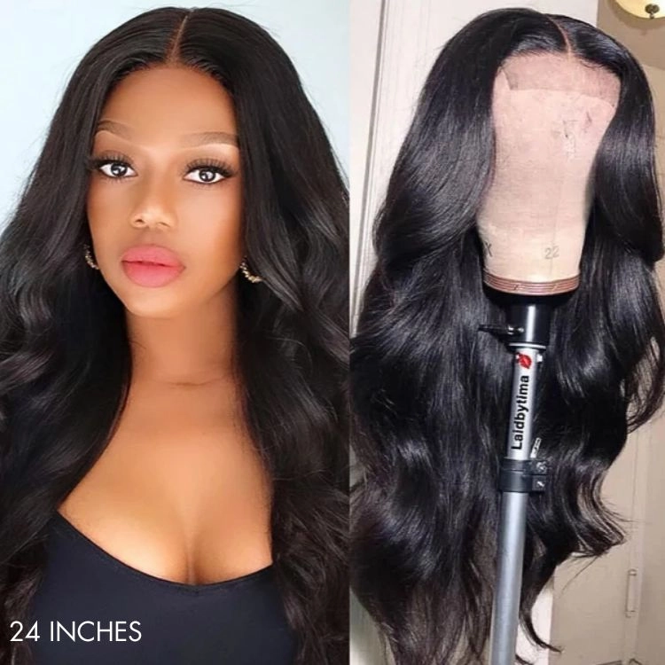 Super Easy Natural Black Body Wave 4x4 Closure Lace Glueless Mid Part Long Wig 100% Human Hair  - US Only
