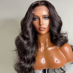 Super Easy Natural Black Body Wave 4x4 Closure Lace Glueless Mid Part Long Wig 100% Human Hair  - US Only