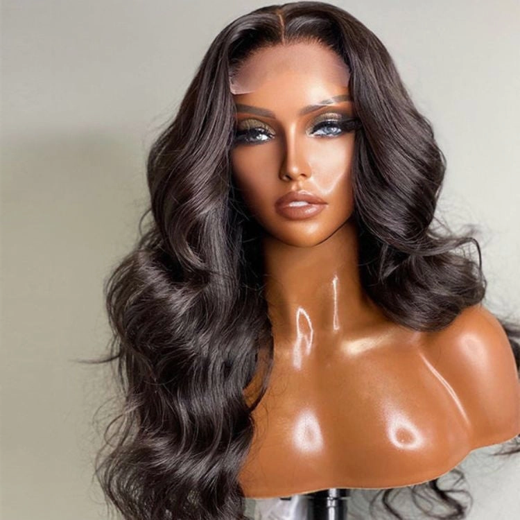 Super Easy Natural Black Body Wave 4x4 Closure Lace Glueless Mid Part Long Wig 100% Human Hair  - US Only
